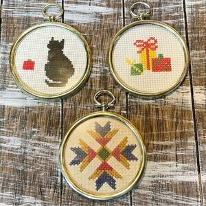 3 Miniature Cross Stitch Hand Made Ornaments